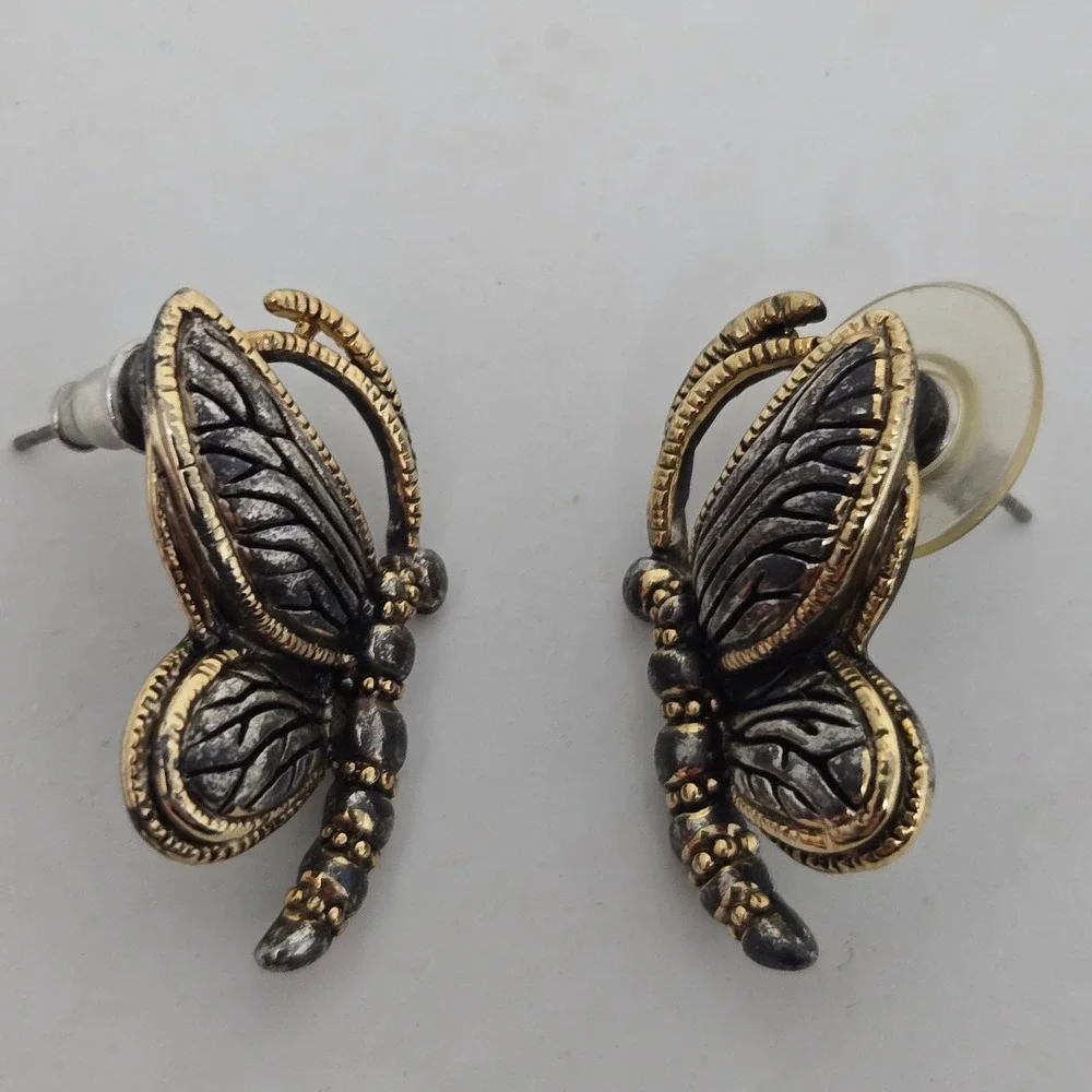 Vintage Two Tone Butterfly Stud Earrings Silver Gold Tone Insect Whimsical MJ XX